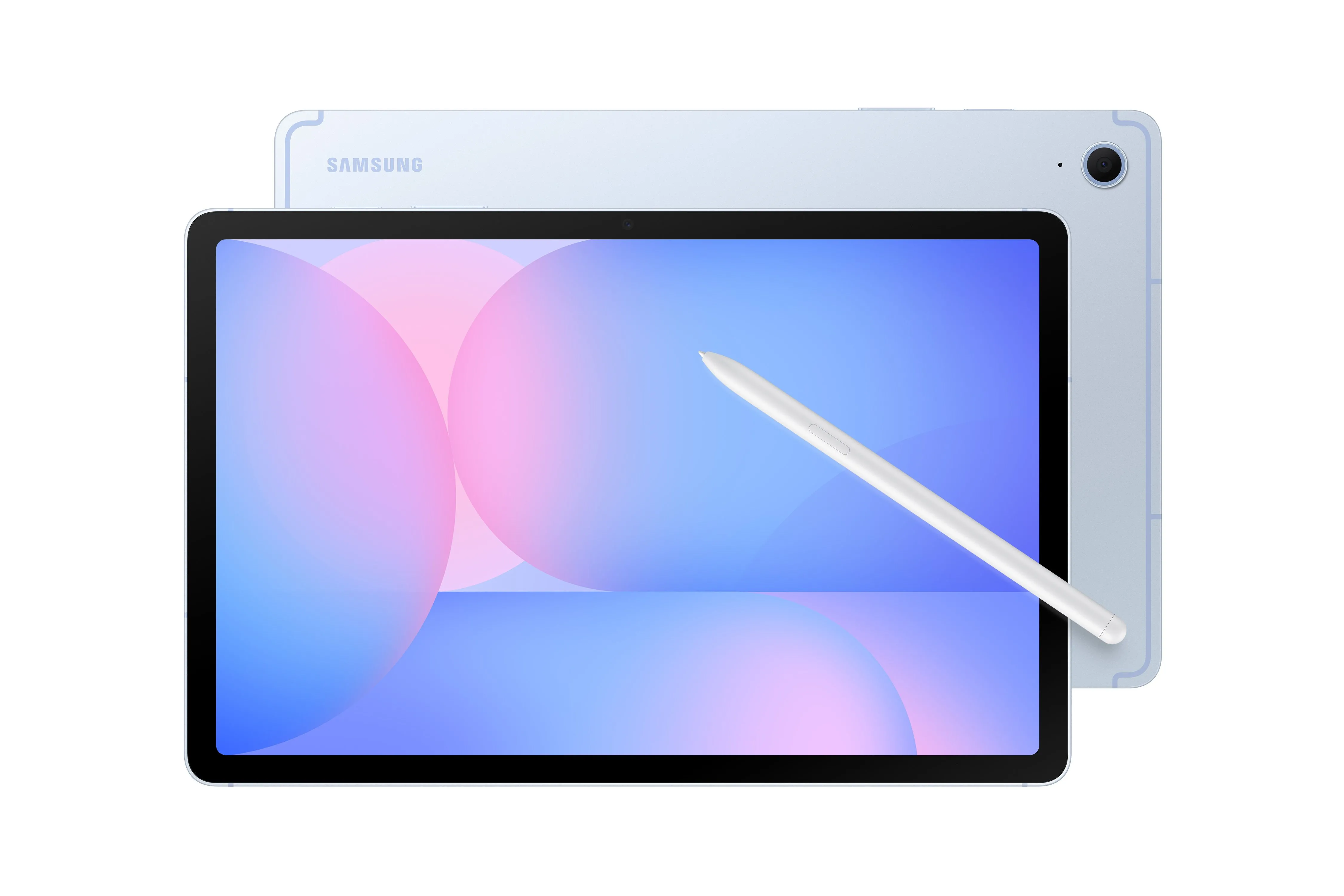 Mặt trước và mặt sau của Samsung Galaxy Tab S10 FE màu xanh