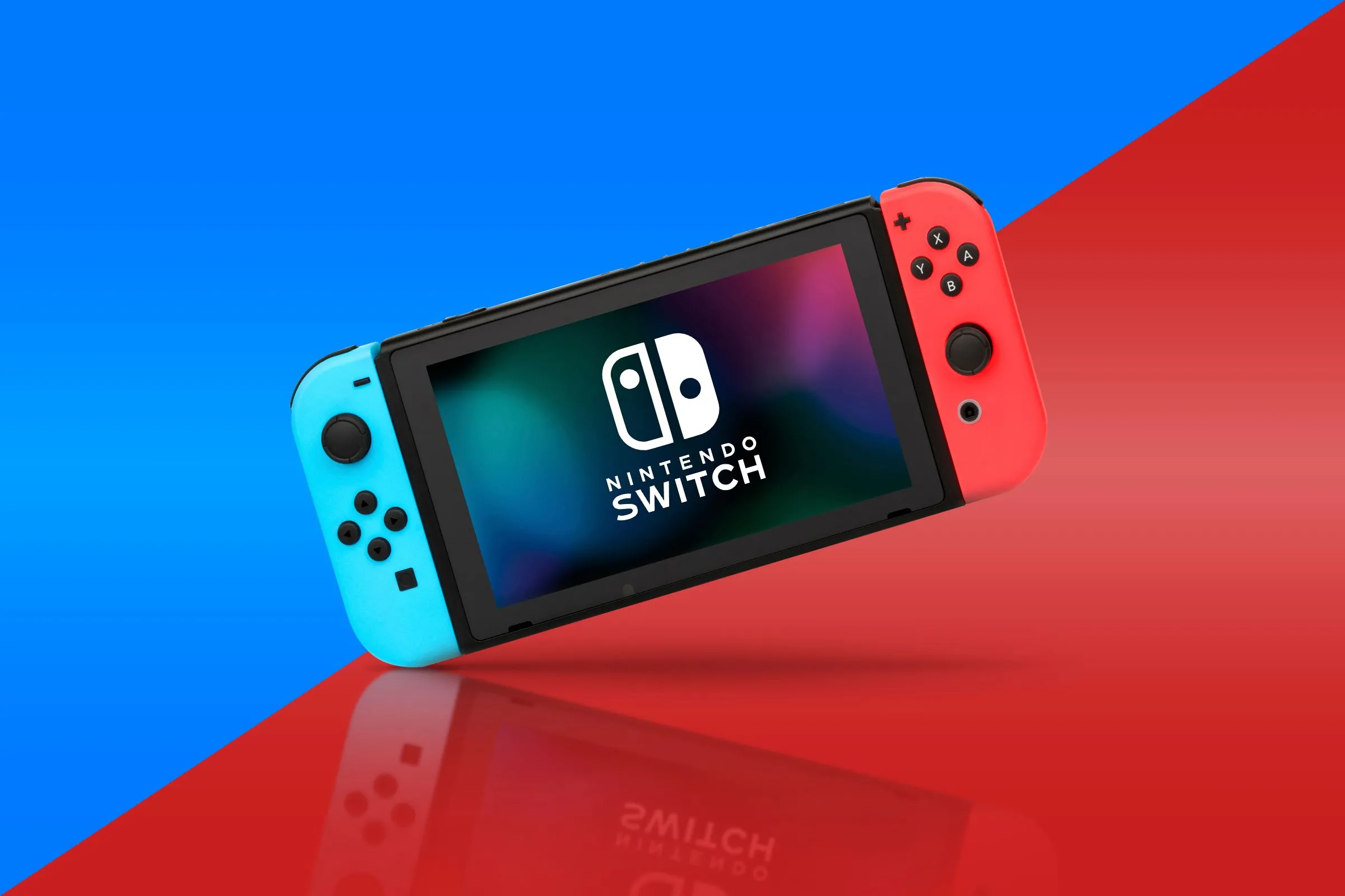 máy chơi game Nintendo Switch với hai tay cầm Joy-Con màu xanh và đỏ, minh họa thiết kế console lai độc đáo