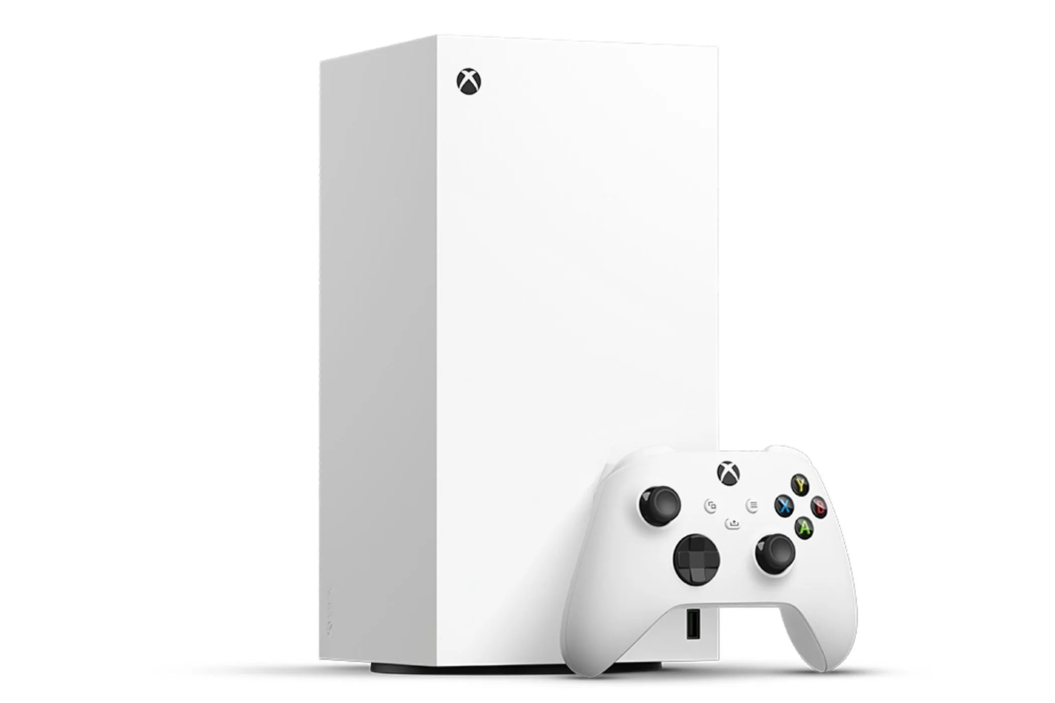 Máy chơi game Xbox Series X màu trắng, minh họa sản phẩm được bảo hành bởi Microsoft Complete.
