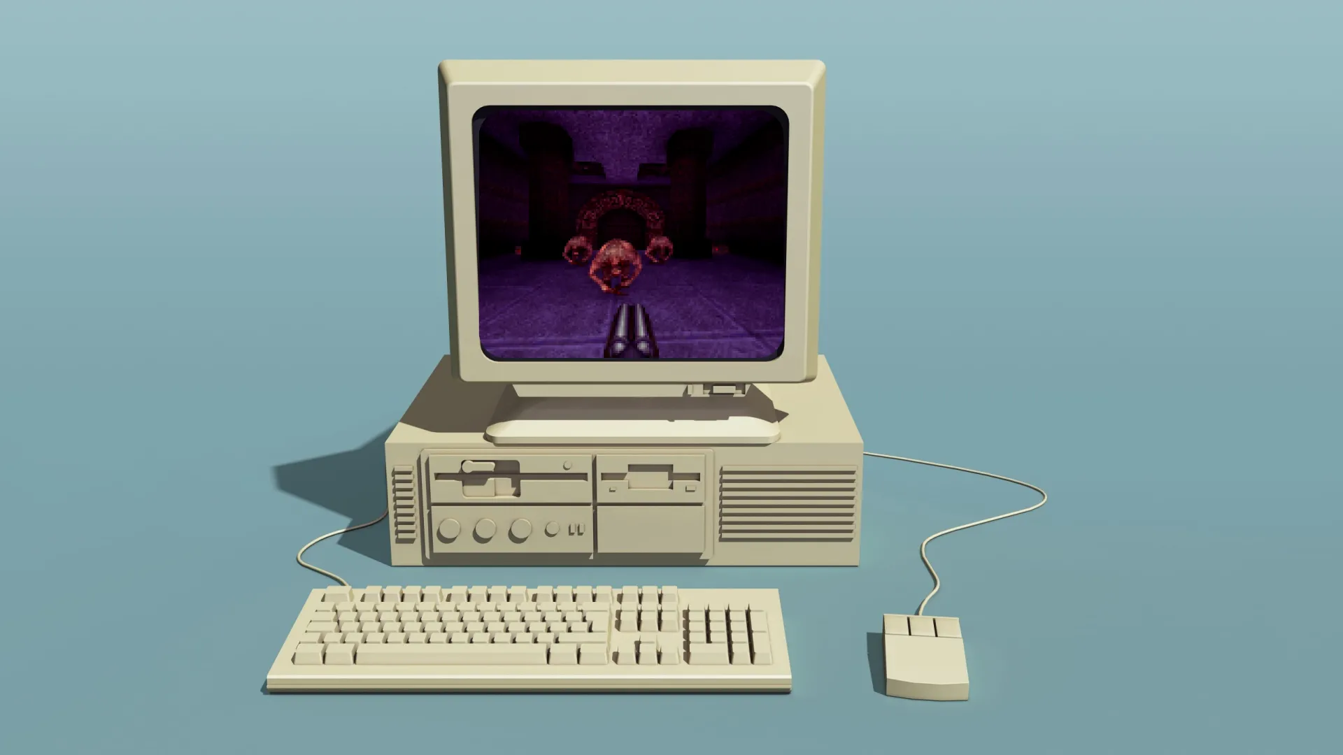 Máy tính retro chạy game Quake, biểu tượng của kỷ nguyên LAN gaming.