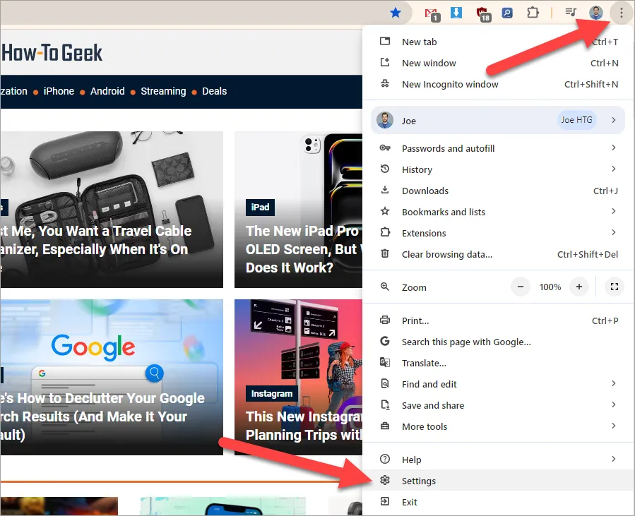 Menu cài đặt Chrome trên máy tính.