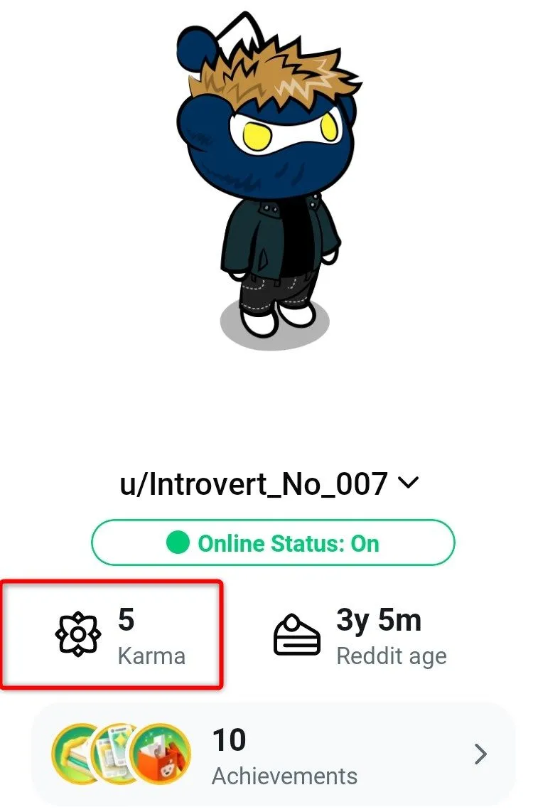 Menu hồ sơ Reddit trên điện thoại, hiển thị tổng điểm Karma của người dùng
