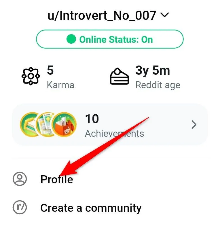 Menu hồ sơ Reddit trên điện thoại, nhấn vào 'Profile' để xem các Trophy