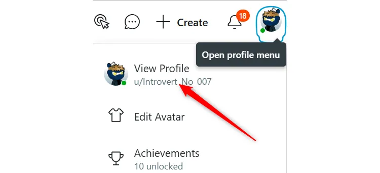 Menu hồ sơ Reddit trên máy tính để bàn, chọn 'View Profile' để xem chi tiết Karma