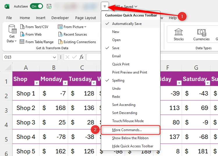 Menu tùy chỉnh Thanh truy cập nhanh (QAT) trong Excel, chọn &quot;More Commands&quot;.
