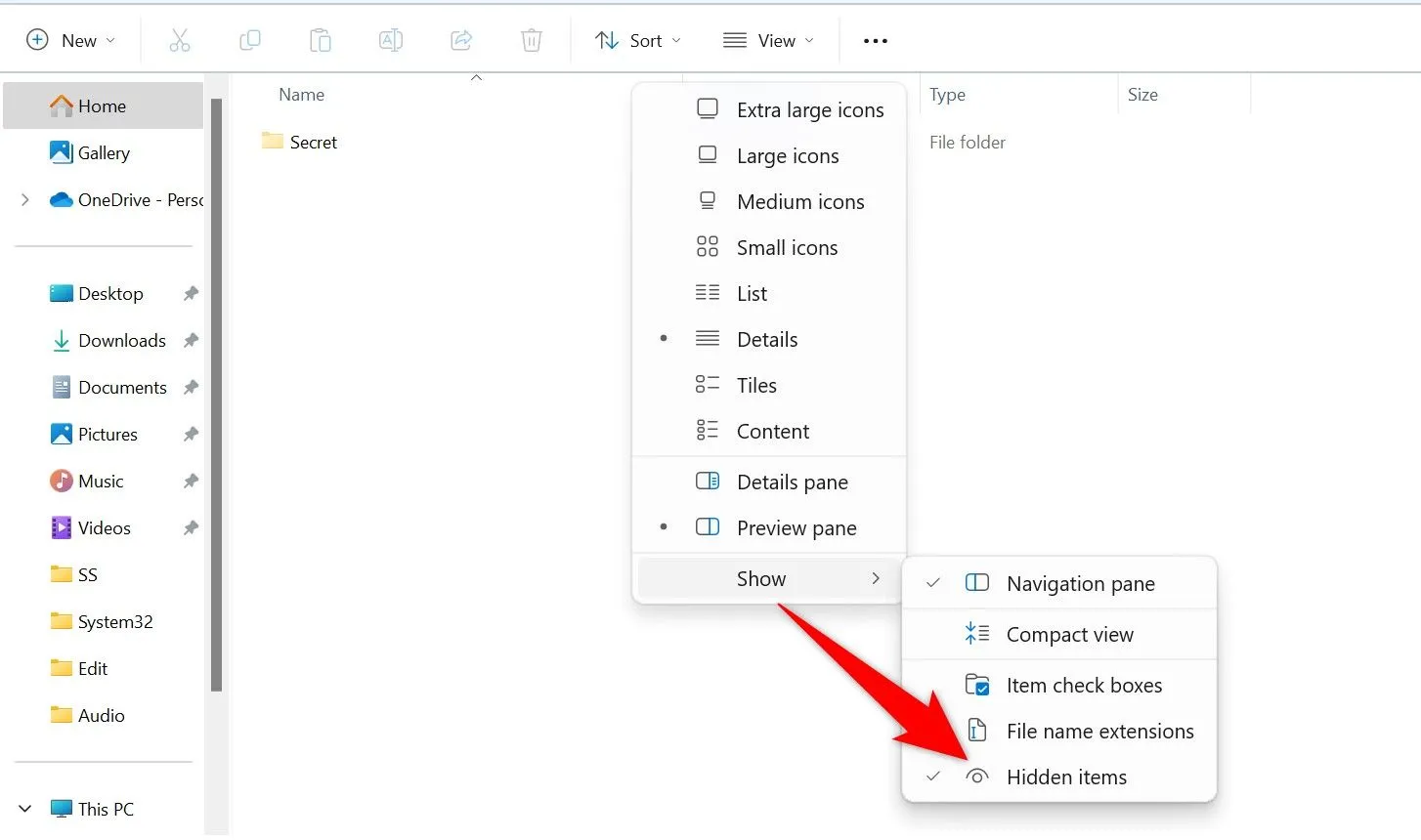 Menu &quot;View&quot; trong File Explorer, trỏ đến &quot;Show&quot; và bỏ tích &quot;Hidden items&quot; để tắt hiển thị các mục ẩn.