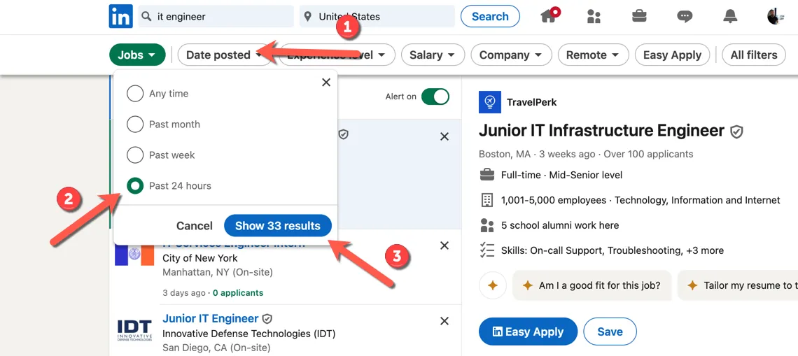 Minh họa cách lọc tin tuyển dụng trên LinkedIn theo &quot;Ngày đăng&quot; để tìm các vị trí mới nhất