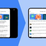 Minh họa ứng dụng Android chuyển từ chế độ hiển thị với viền đen sang toàn màn hình trên thiết bị gập.