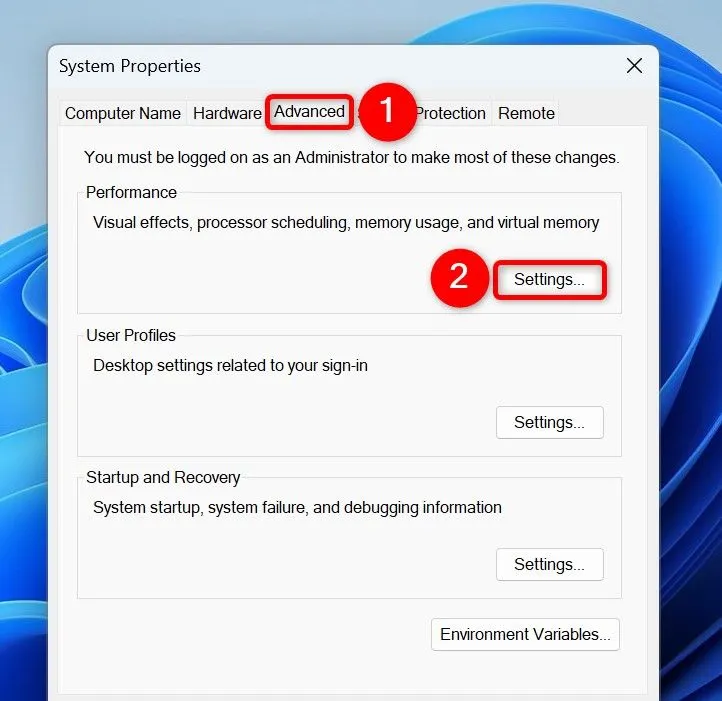 Mở cửa sổ Performance Options từ cài đặt hệ thống trên Windows 11