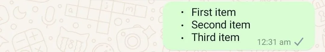 Mô tả danh sách gạch đầu dòng trong tin nhắn WhatsApp, giúp tổ chức thông tin rõ ràng và dễ đọc.