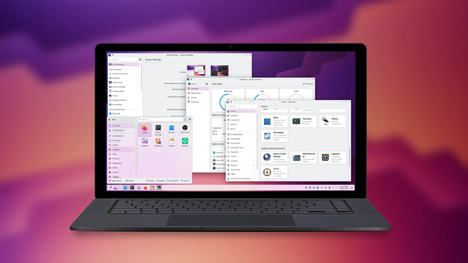 Môi trường desktop KDE Plasma trên laptop với hình nền gradient