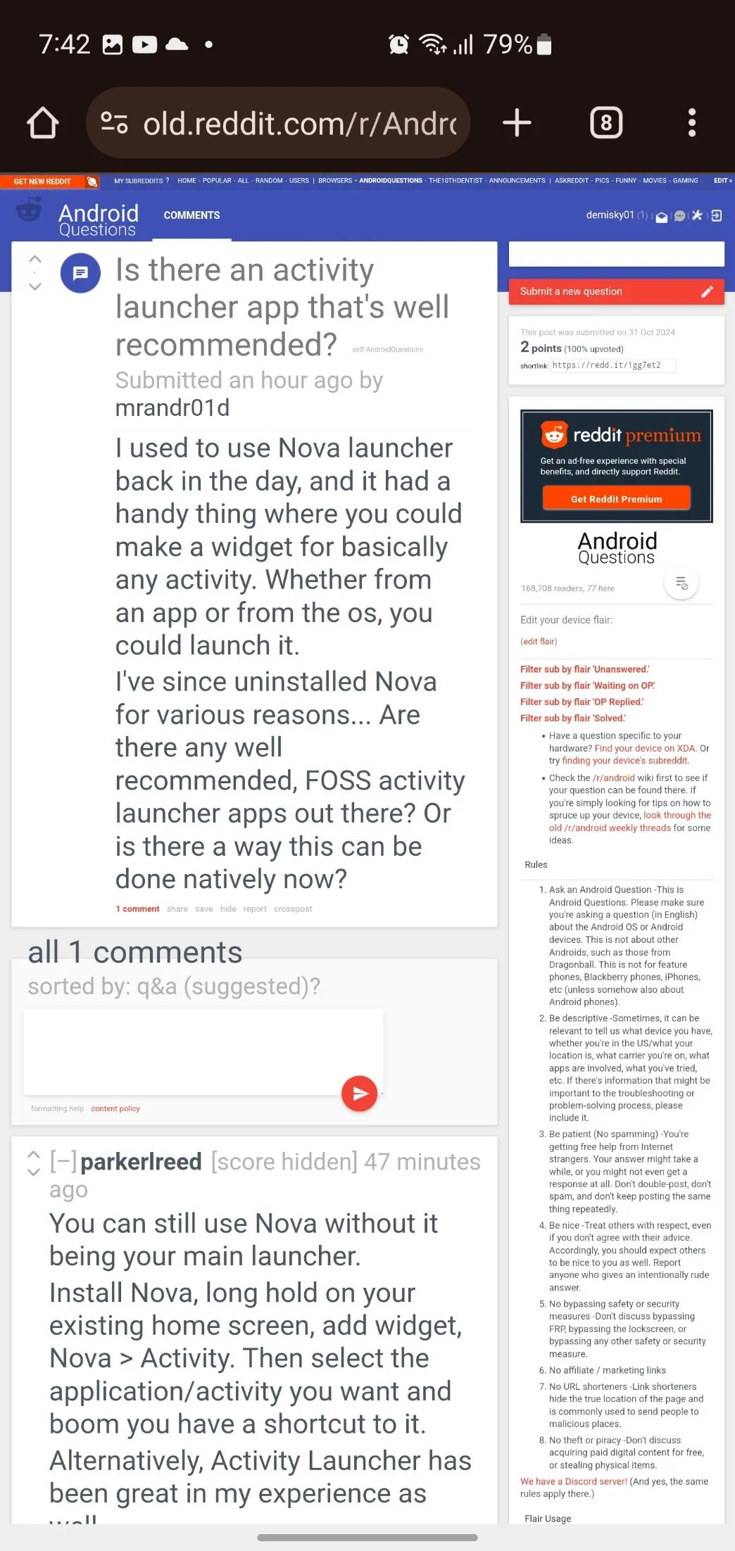 Một bài viết trên Old Reddit được mở trong trình duyệt Chrome.