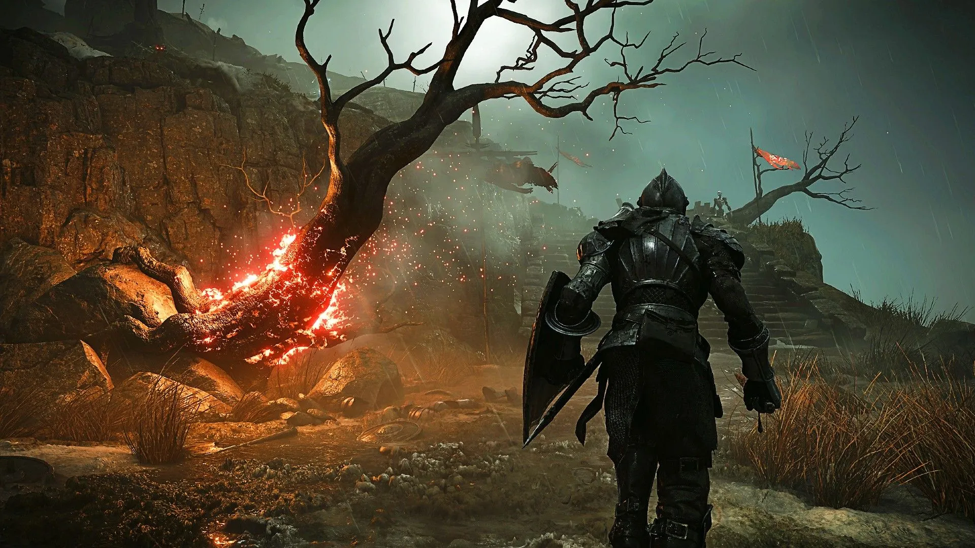 Một cảnh trong Demon's Souls Remake, cho thấy đồ họa được làm lại hoàn toàn nhưng cấu trúc game vẫn tương đồng bản gốc