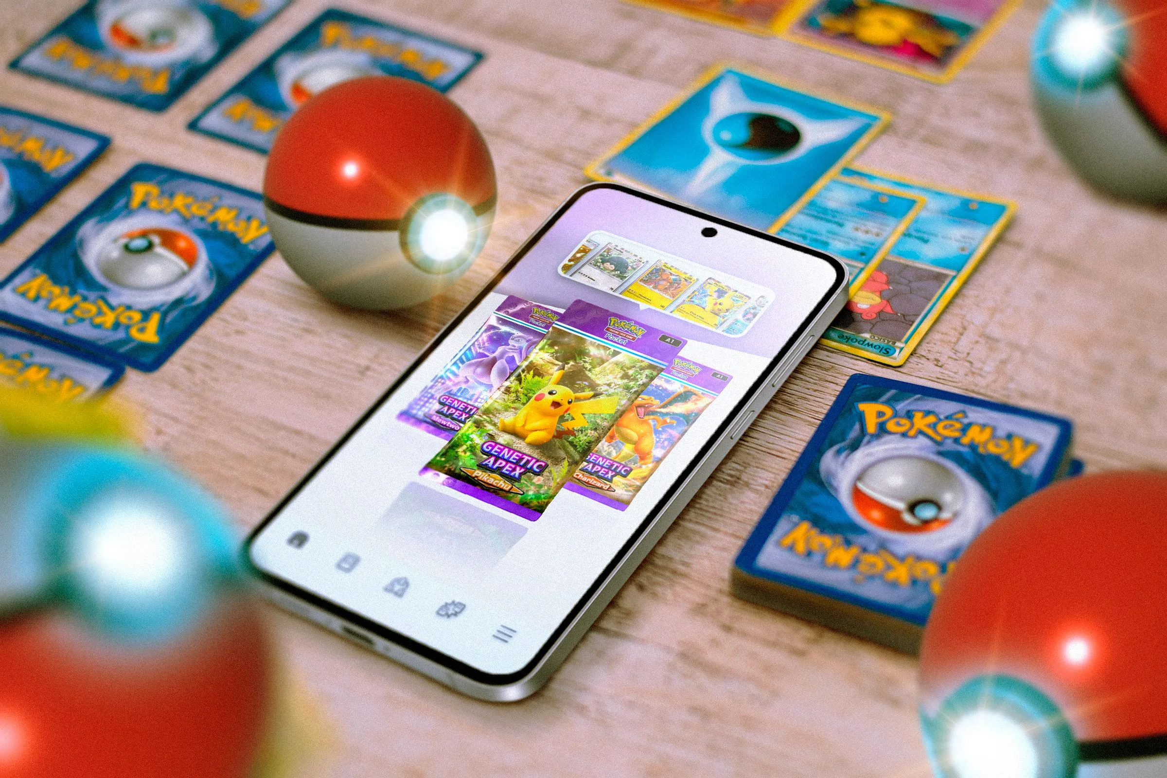 Một chiếc điện thoại hiển thị trò chơi Pokémon TCG, xung quanh là các thẻ bài và quả Poké Ball, gợi ý về việc thử game gacha mới.
