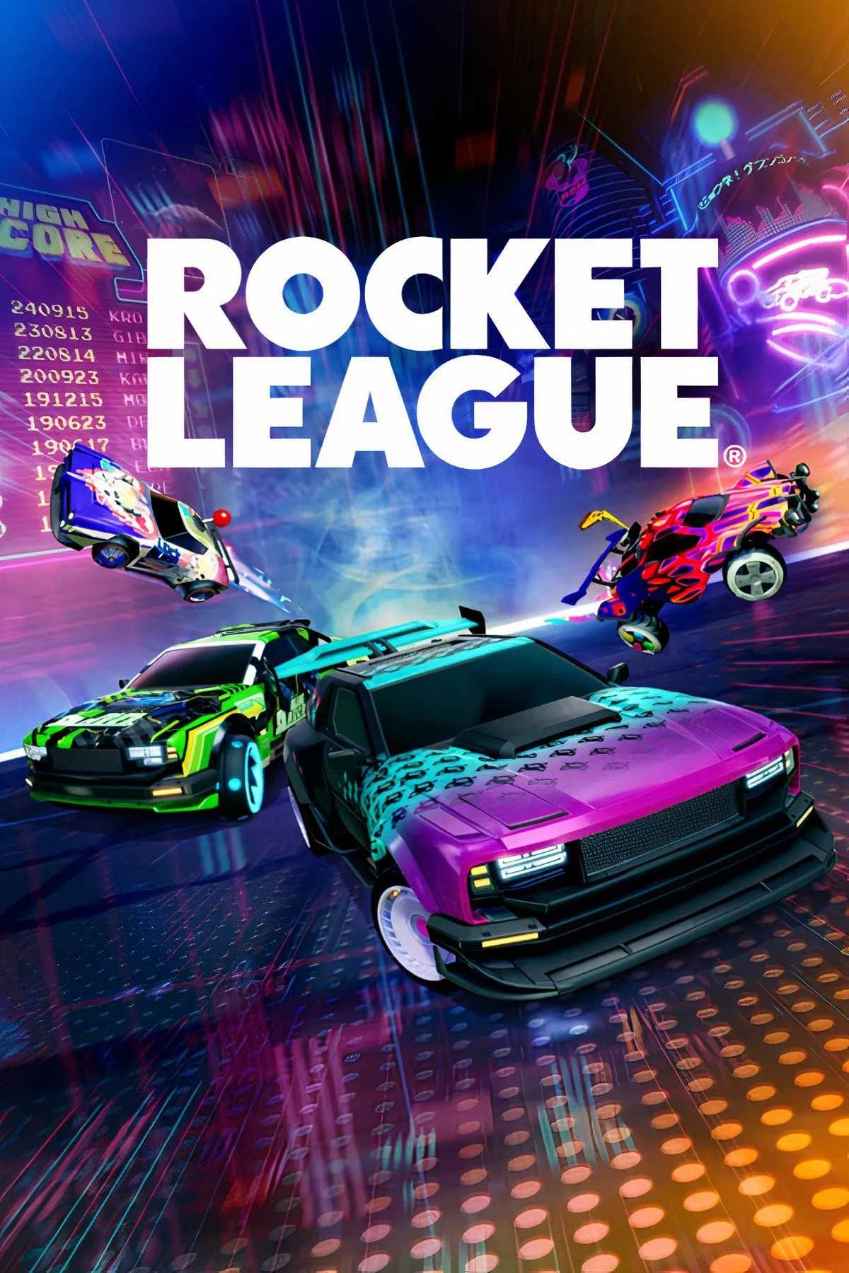 Một chiếc xe tên lửa đang bay trên không để sút bóng vào khung thành trong Rocket League, minh họa lối chơi bóng đá xe hơi độc đáo và hấp dẫn trên Nintendo Switch.