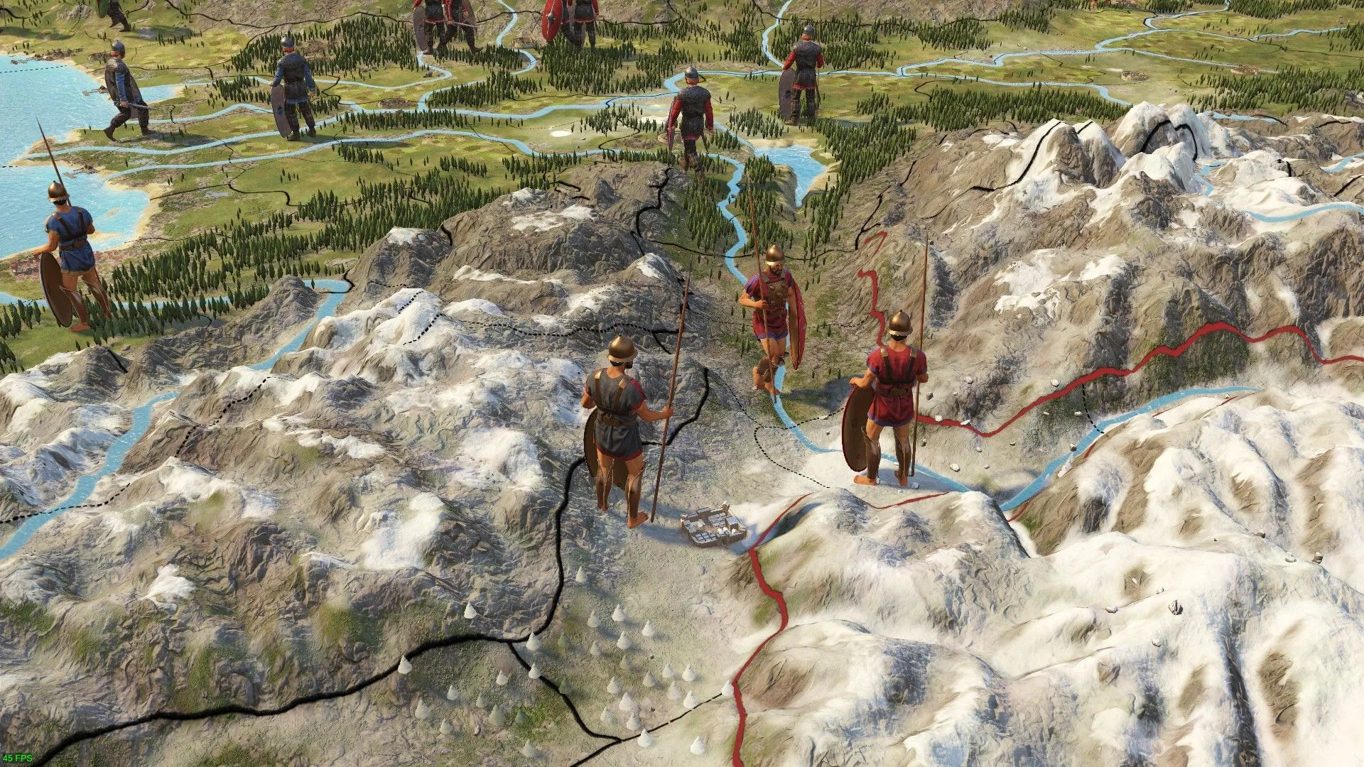 Một đặc vụ La Mã đang đi bộ đến một đặc vụ khác trên đồi trong Imperator Rome.