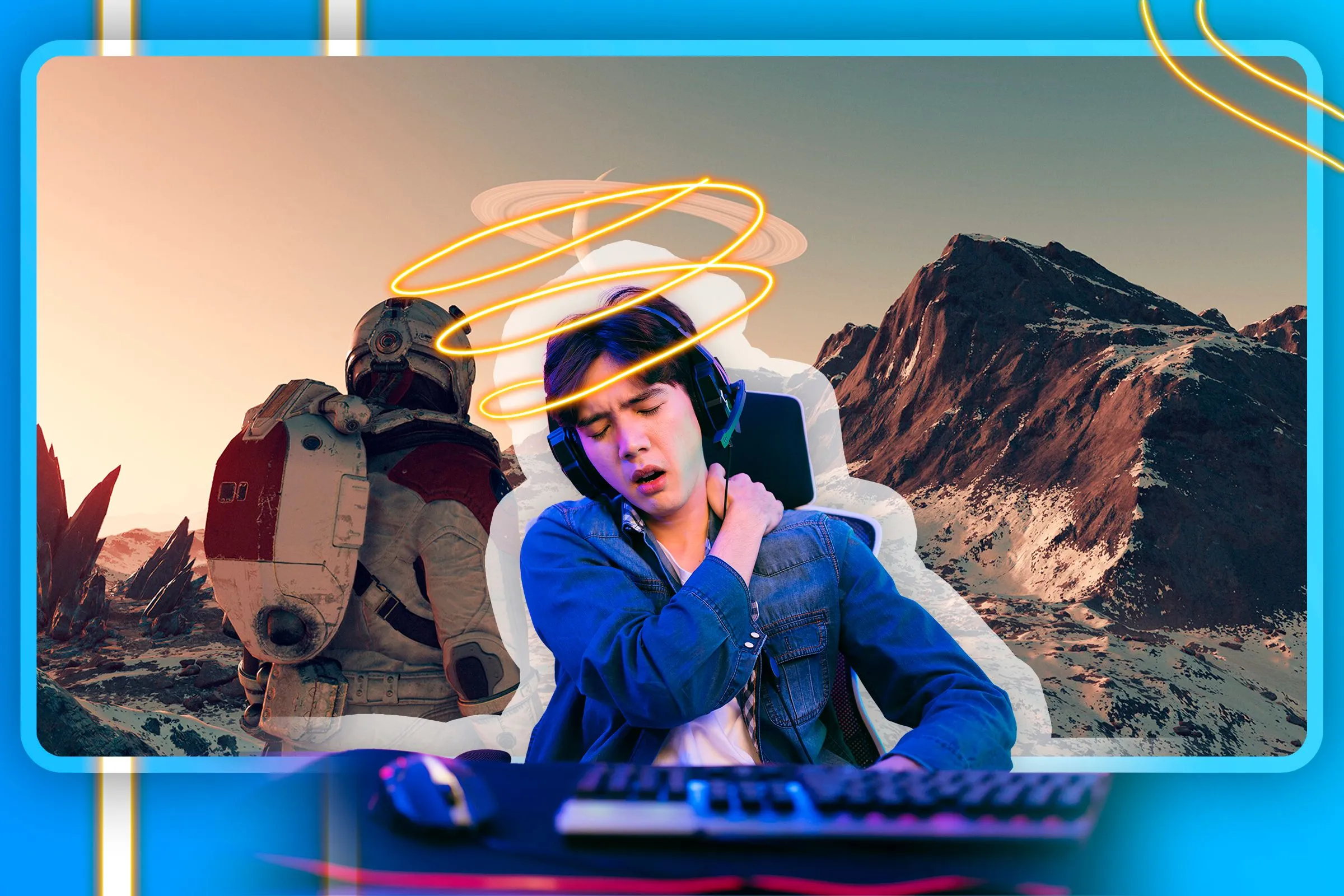 Một game thủ với vẻ mặt mệt mỏi cùng hình ảnh Starfield ở nền, thể hiện sự kiệt sức do chơi game gacha.