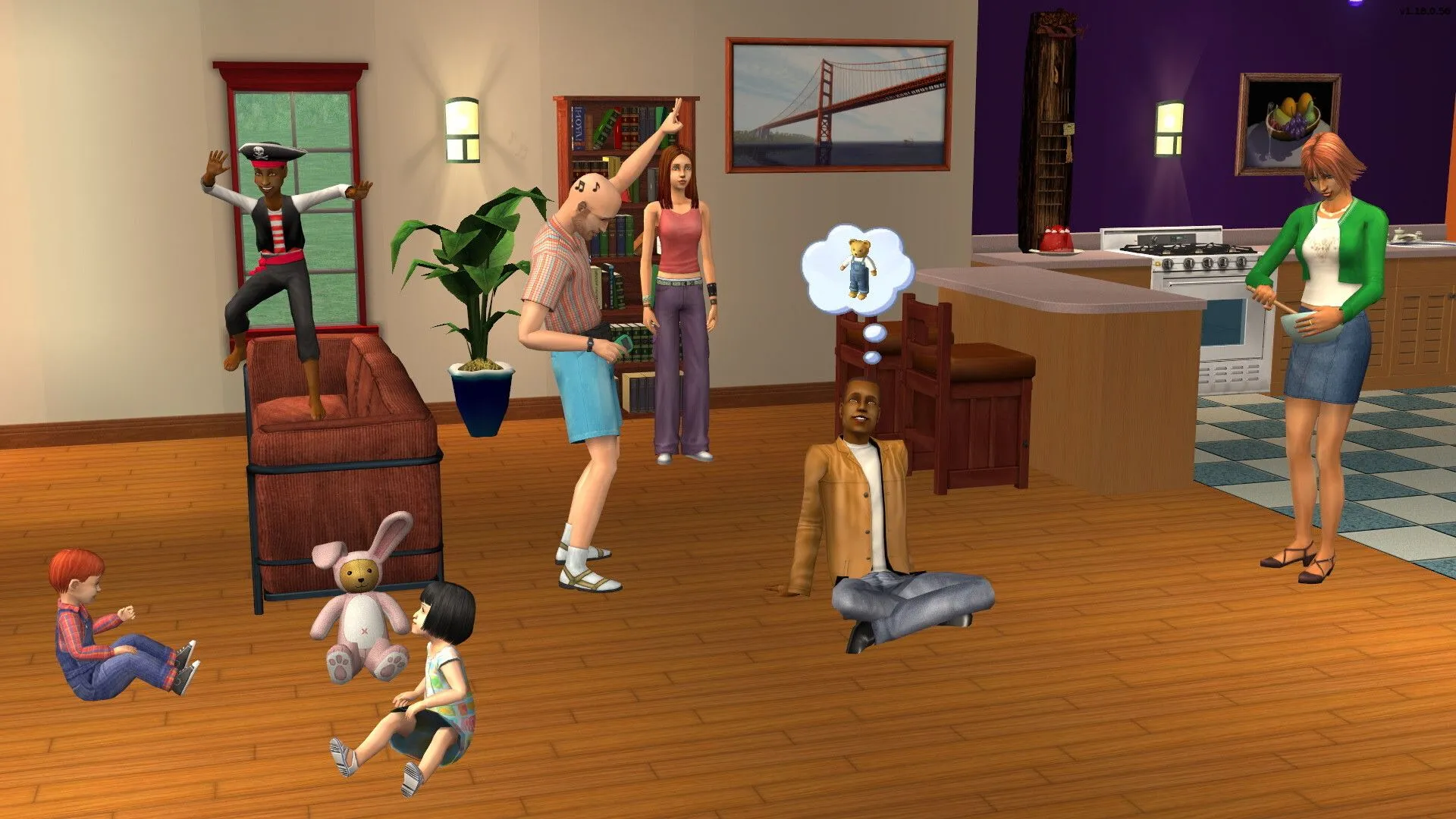 Một gia đình Sims đang sinh hoạt, biểu tượng của khả năng quản lý tài nguyên và xây dựng trong The Sims.