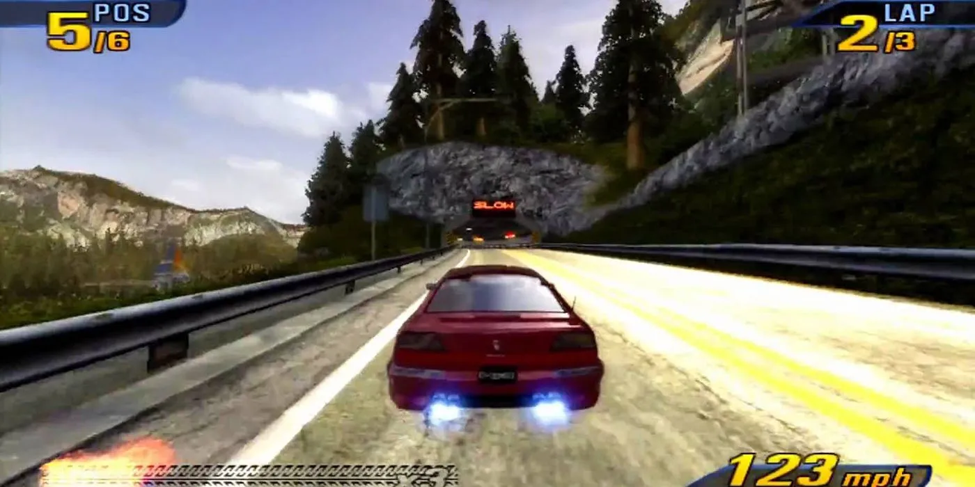 Một góc nhìn cận cảnh về pha va chạm trong Burnout 3: Takedown, cho thấy chi tiết đổ vỡ của xe.