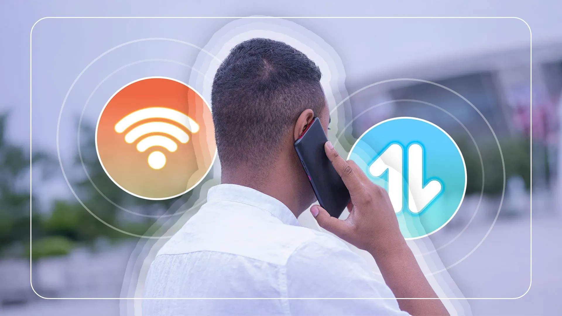Một người đàn ông đang nghe điện thoại, với biểu tượng Wi-Fi và dữ liệu di động, tượng trưng cho sự linh hoạt và an tâm khi có gói data không giới hạn.