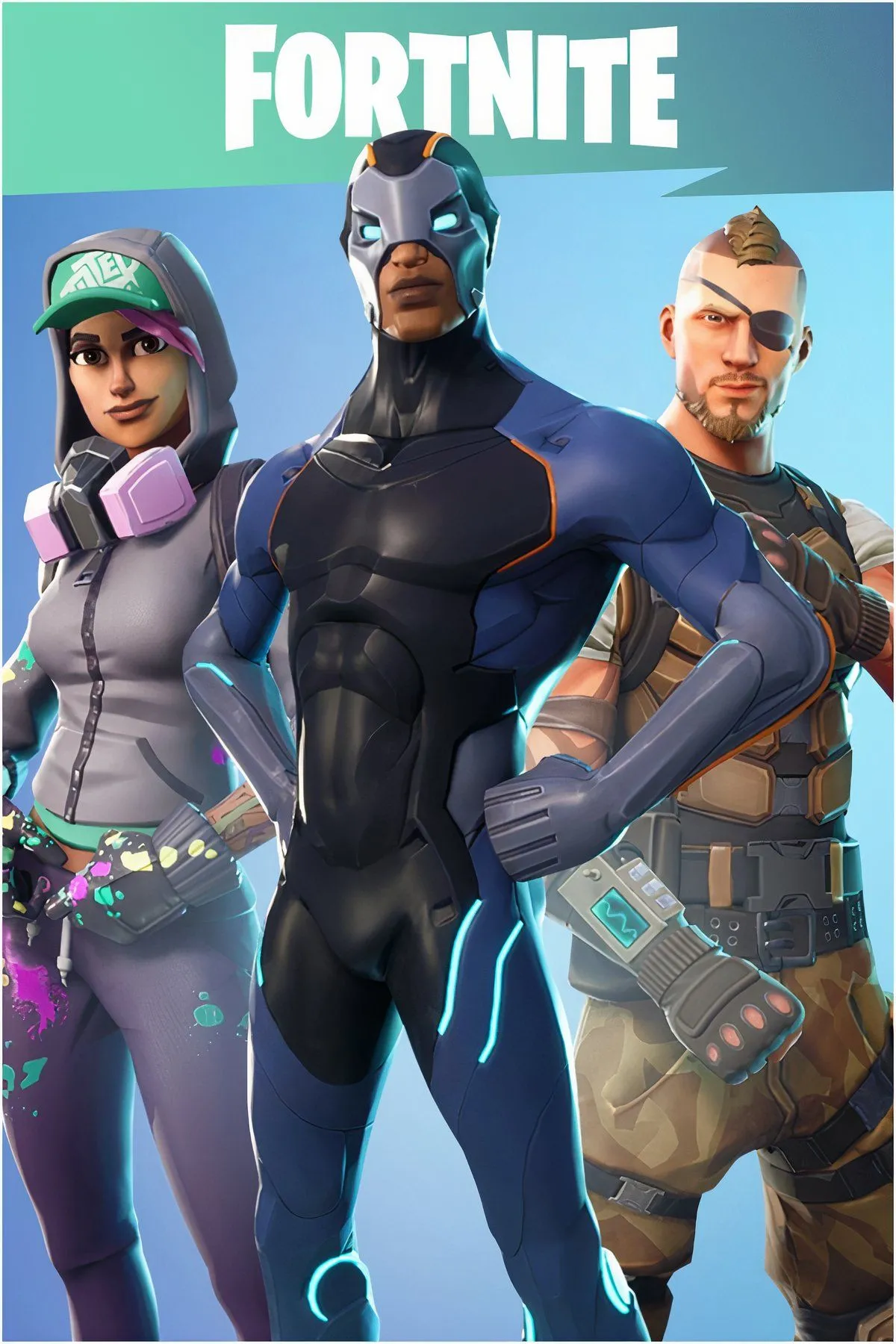 Một nhóm nhân vật đang chuẩn bị nhảy dù từ Battle Bus xuống bản đồ rộng lớn của Fortnite, thể hiện gameplay Battle Royale đặc trưng trên Nintendo Switch.