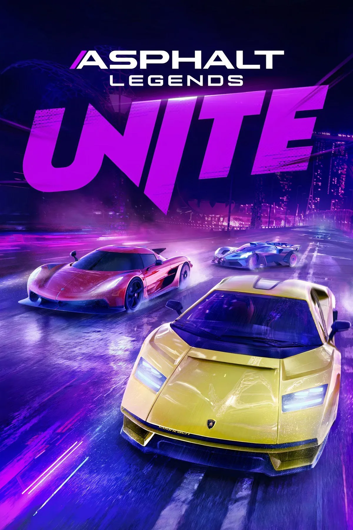 Một siêu xe đang tăng tốc và drift trên đường đua đầy màu sắc trong Asphalt Legends Unite, một game đua xe miễn phí kịch tính trên Nintendo Switch.