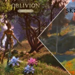 Một Spriggon trong rừng từ The Elder Scrolls IV Oblivion Remastered bên trái, cạnh một Spriggon trong rừng gần ao từ Skyblivion.
