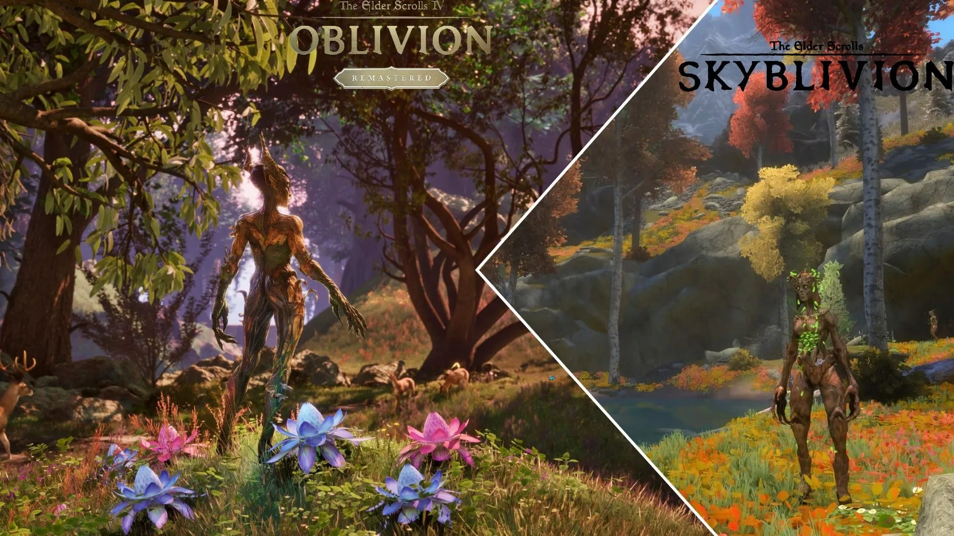 Một Spriggon trong rừng từ The Elder Scrolls IV Oblivion Remastered bên trái, cạnh một Spriggon trong rừng gần ao từ Skyblivion.