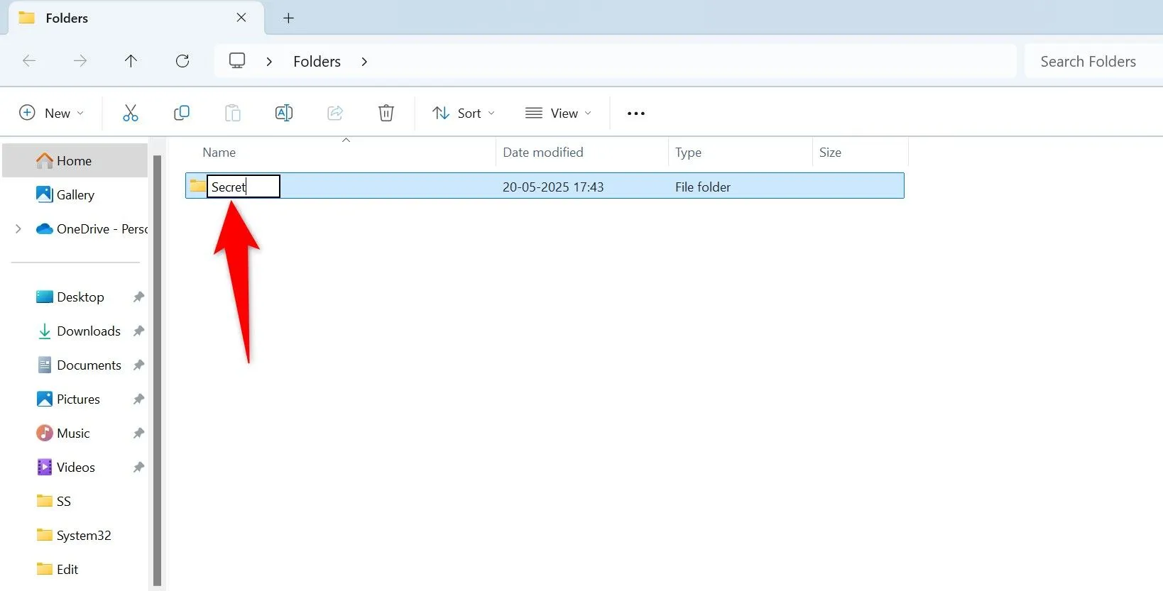 Một thư mục mới có tên "New folder" đang được chọn trong File Explorer trên Windows 11.