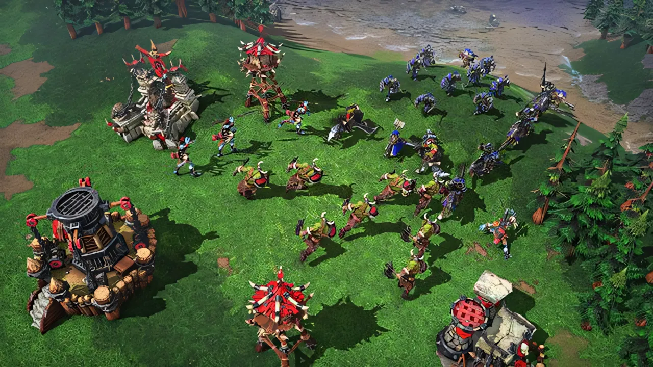 Một trận chiến sôi động trong Warcraft III: Reforged với các đơn vị quân và phép thuật