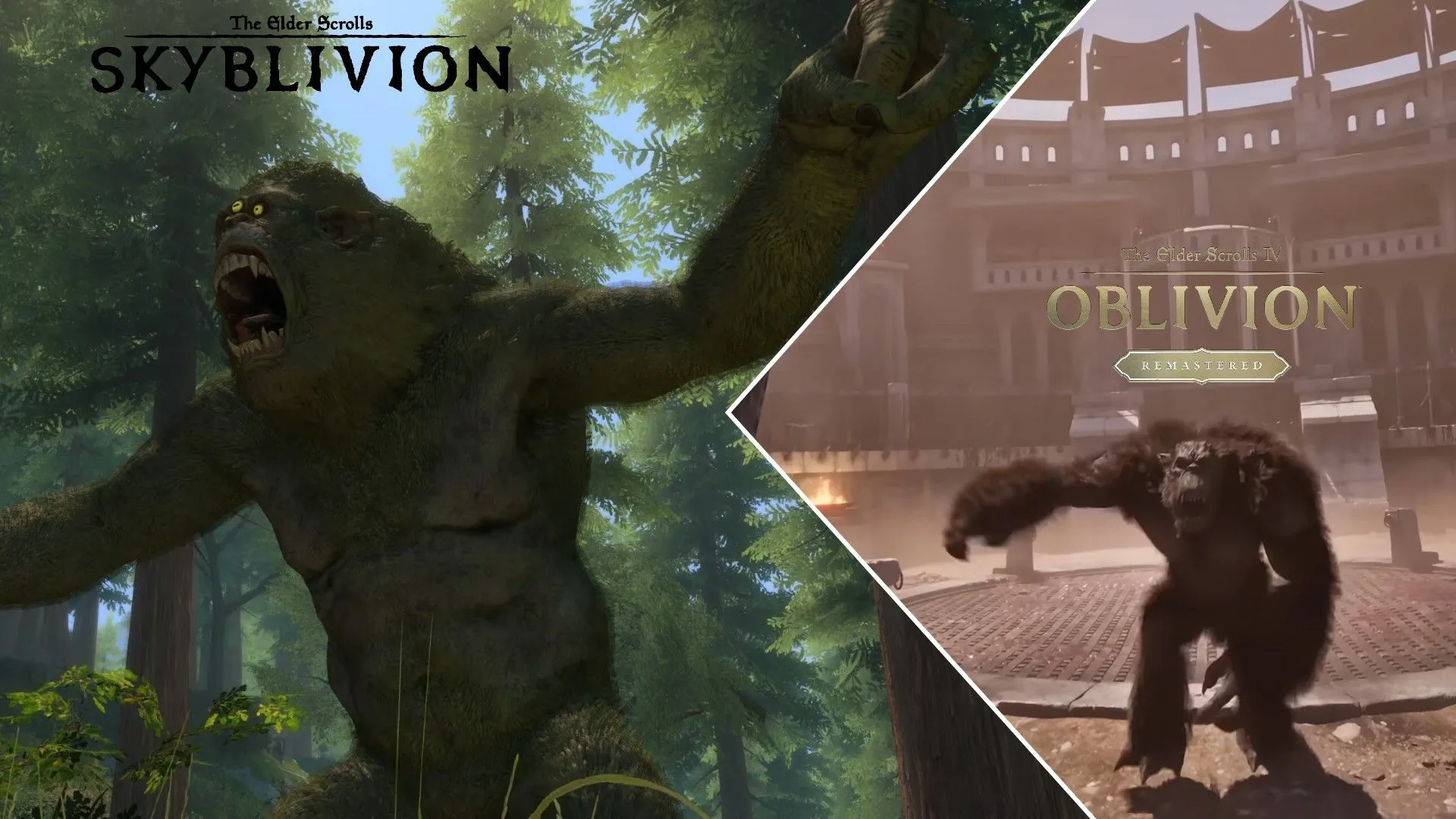 Một Troll trong đấu trường từ The Elder Scrolls IV Oblivion Remastered bên phải, cạnh một Troll trong rừng từ Skyblivion.