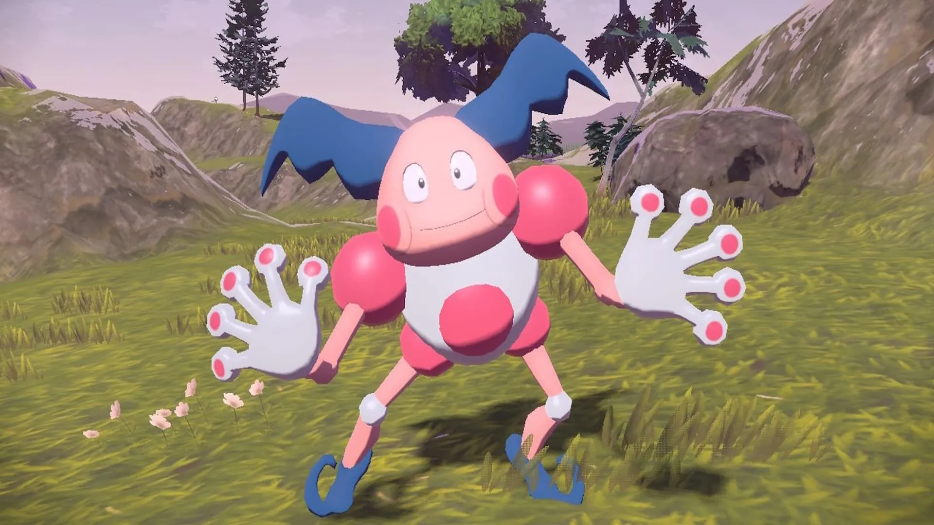 Mr. Mime trong Pokémon Legends: Arceus, dáng vẻ humanoid đang thực hiện cử chỉ tay đặc trưng.