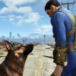 Nate và Dogmeat trên con đường hoang tàn trong Fallout 4, thể hiện sự gắn kết giữa nhân vật chính và người bạn đồng hành.