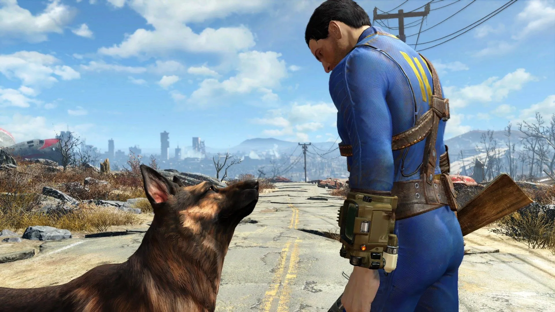 Nate và Dogmeat trên con đường hoang tàn trong Fallout 4, thể hiện sự gắn kết giữa nhân vật chính và người bạn đồng hành.