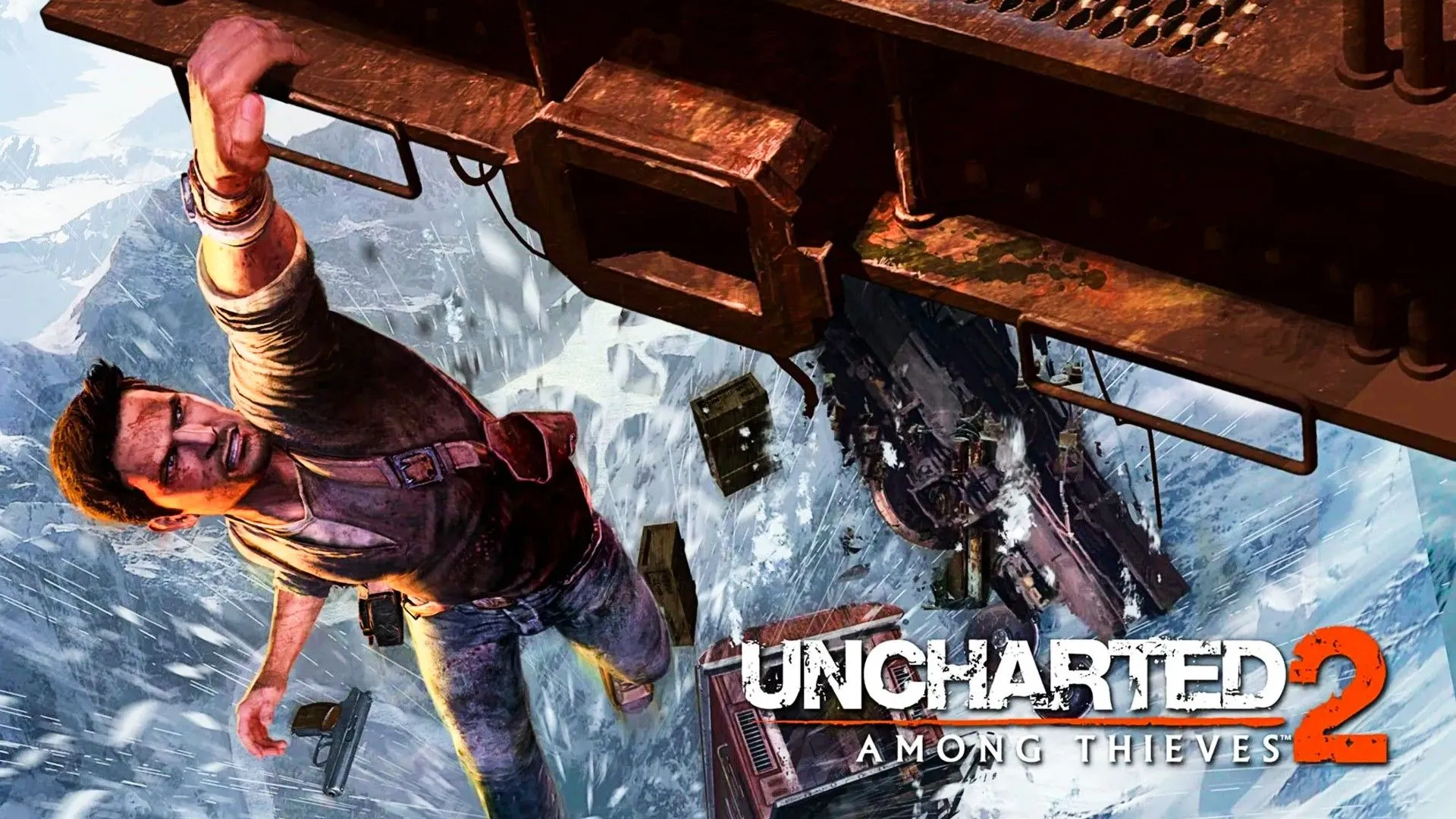 Nathan Drake treo mình trên đoàn tàu gần vách núi băng tuyết trong Uncharted 2.