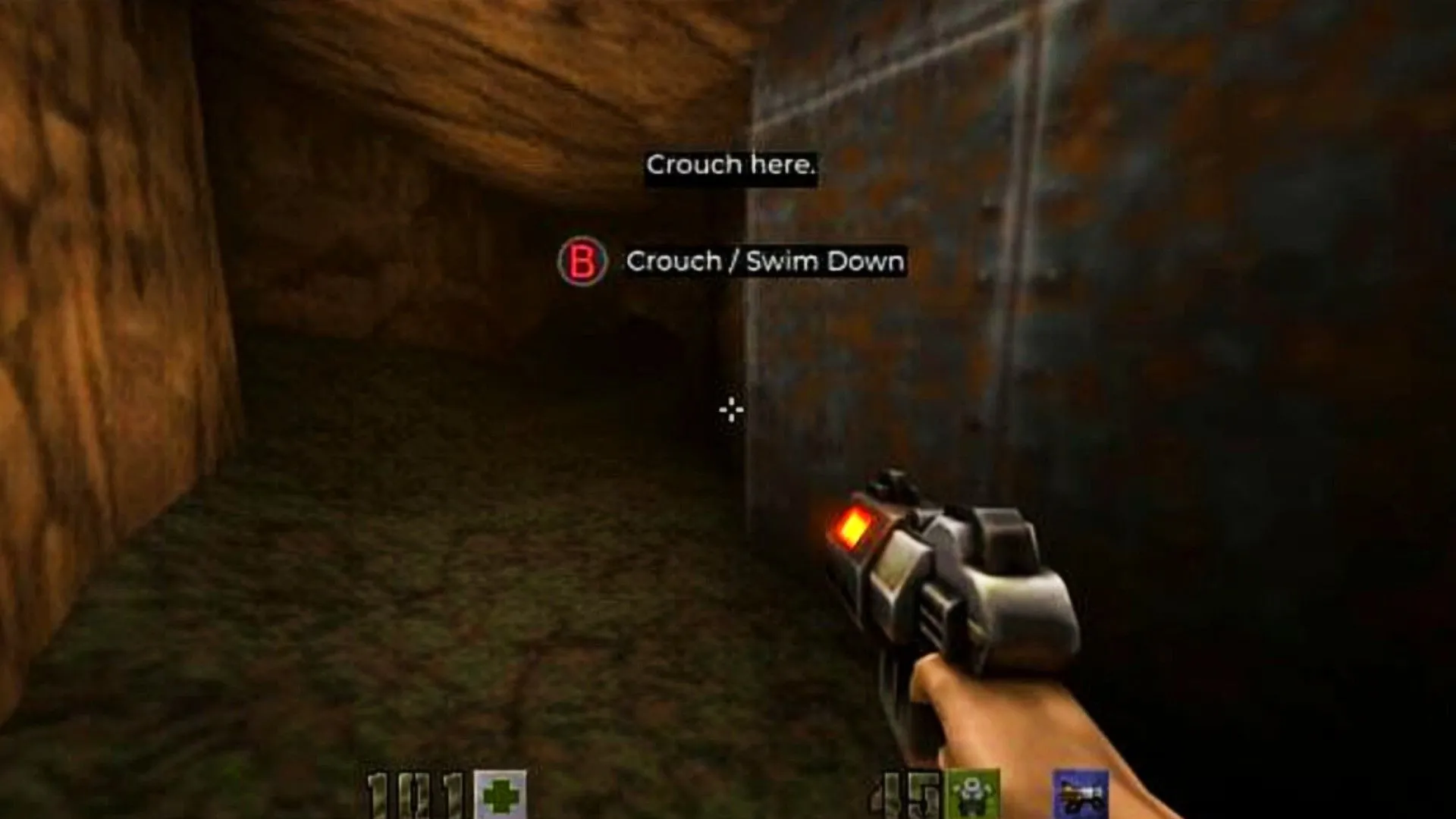 Người chơi AI Quake 2 được yêu cầu cúi xuống trong một hang động không rõ lý do, với một nút bấm không hoạt động, minh họa sự thiếu logic của AI.