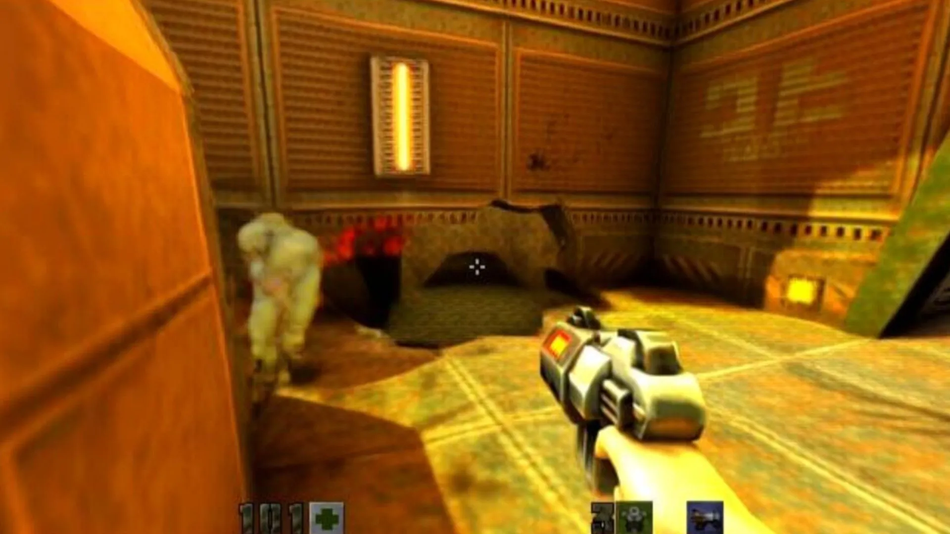 Người chơi AI Quake 2 nhìn vào một cái lỗ trên tường với kẻ thù ma quái bên cạnh, thể hiện sự hỗn loạn của đồ họa và kẻ thù do AI tạo ra.