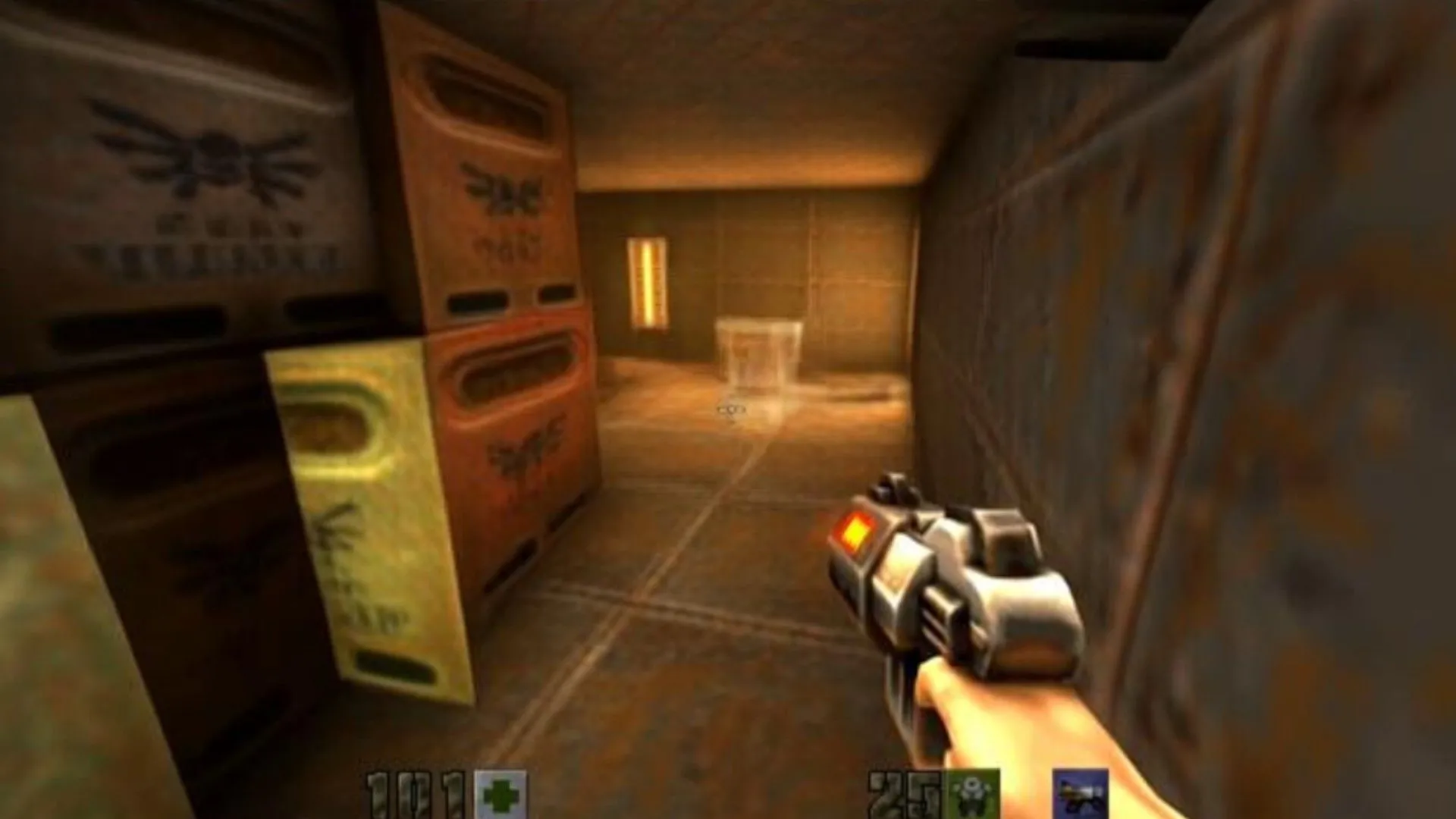 Người chơi AI trong Quake 2 nhìn vào một bức tường tạo bởi nhiều hộp xếp chồng lên nhau, thể hiện cách AI xây dựng môi trường game ngẫu nhiên.