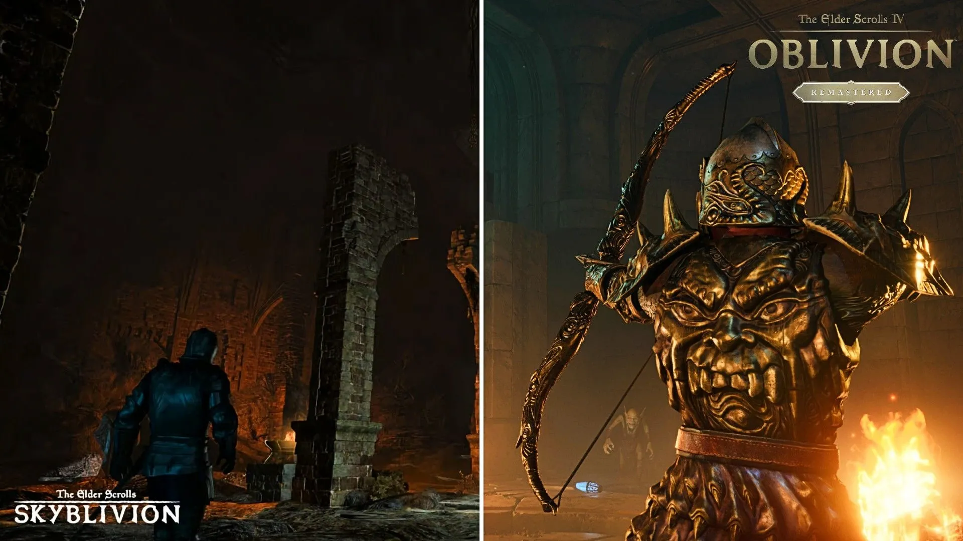 Người chơi trong ngục tối của The Elder Scrolls IV Oblivion Remastered bên phải, cạnh người chơi trong ngục tối của Skyblivion.
