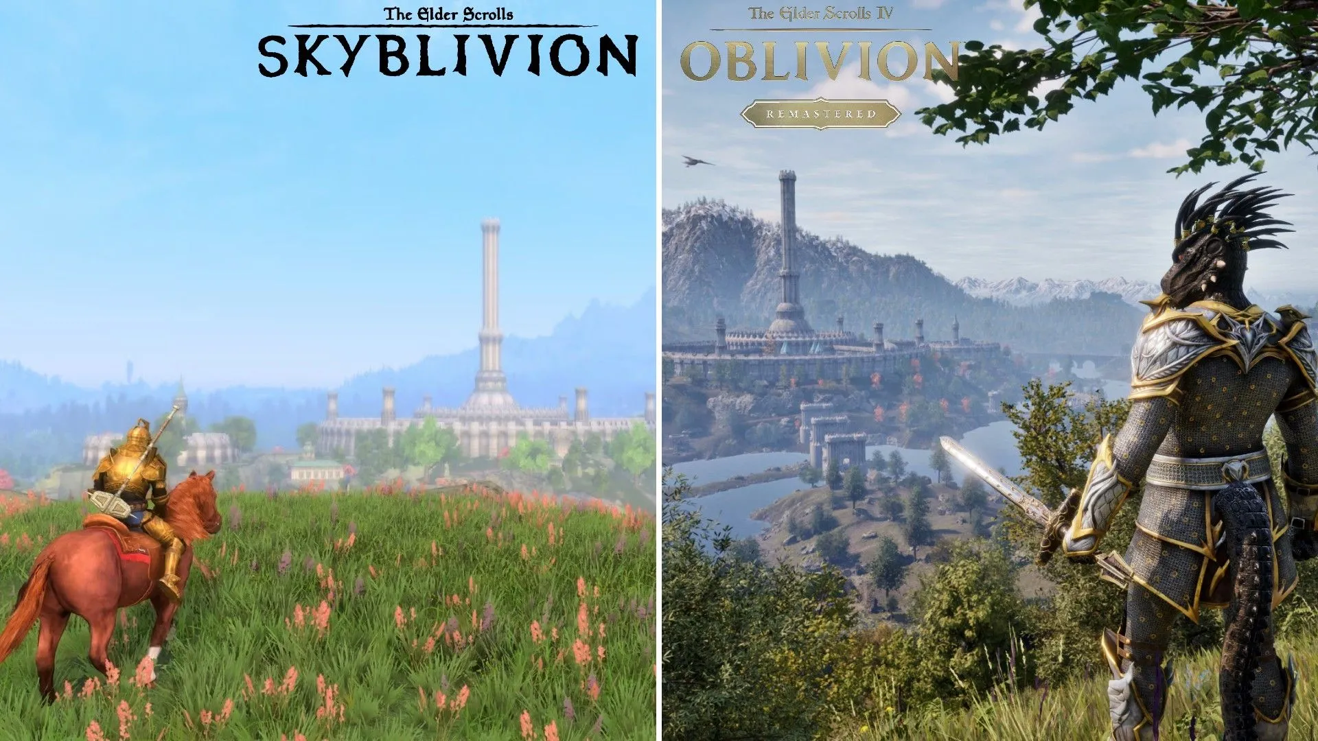 Người chơi trước Thành Phố Hoàng Gia trong The Elder Scrolls IV Oblivion Remastered bên phải, cạnh người chơi trước Thành Phố Hoàng Gia trong Skyblivion.