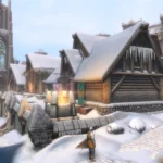 Người lính giáp trụ đứng giữa quảng trường thị trấn tuyết phủ của Skyblivion