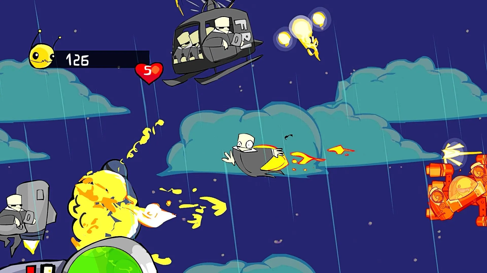 Người ngoài hành tinh trong Alien Hominid phá hủy trực thăng FBI, hình ảnh đặc trưng của tựa game bắn súng cuộn ngang.