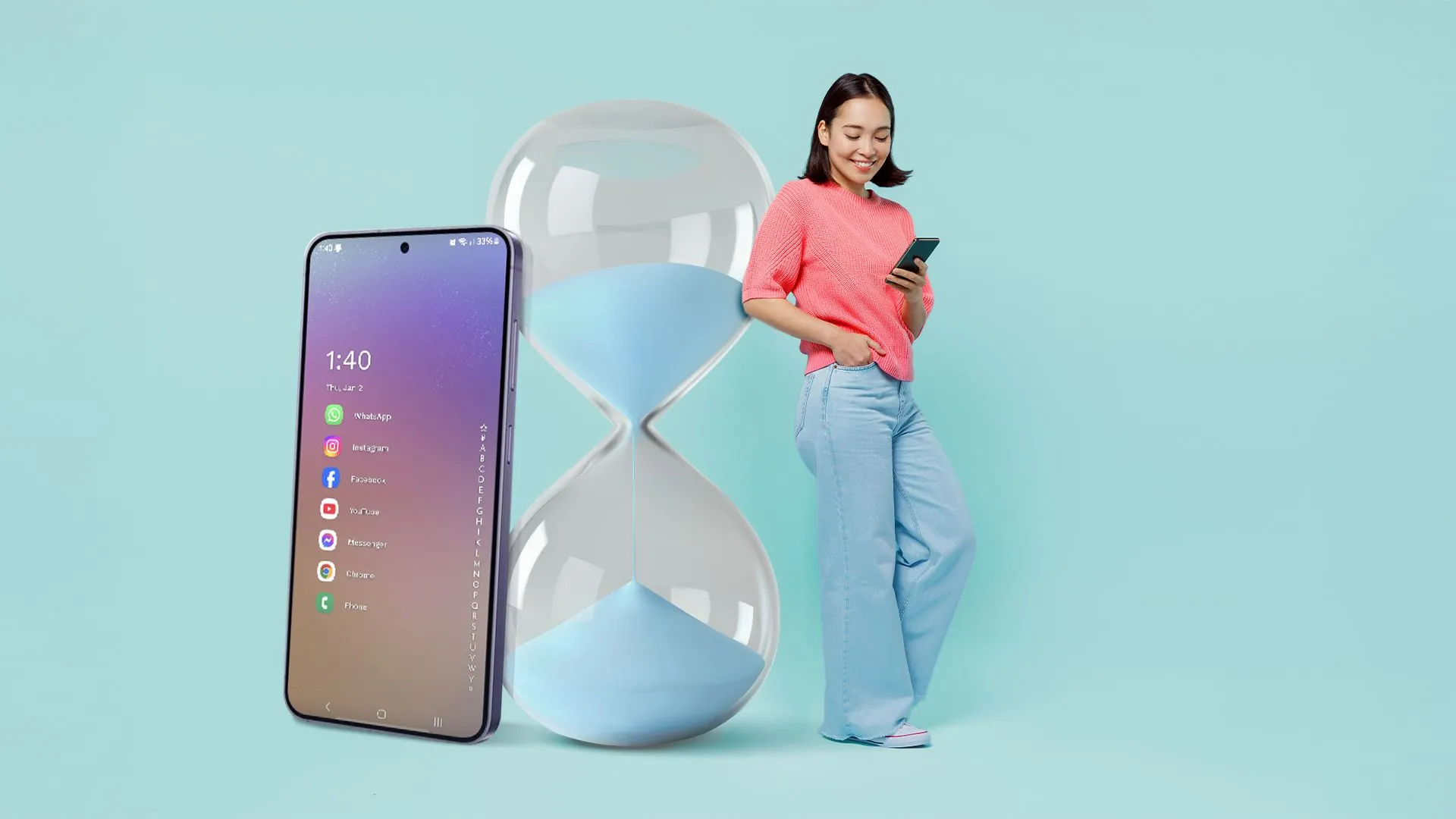 Người phụ nữ sử dụng điện thoại tựa vào đồng hồ cát, biểu tượng cho việc quản lý thời gian sử dụng thiết bị.