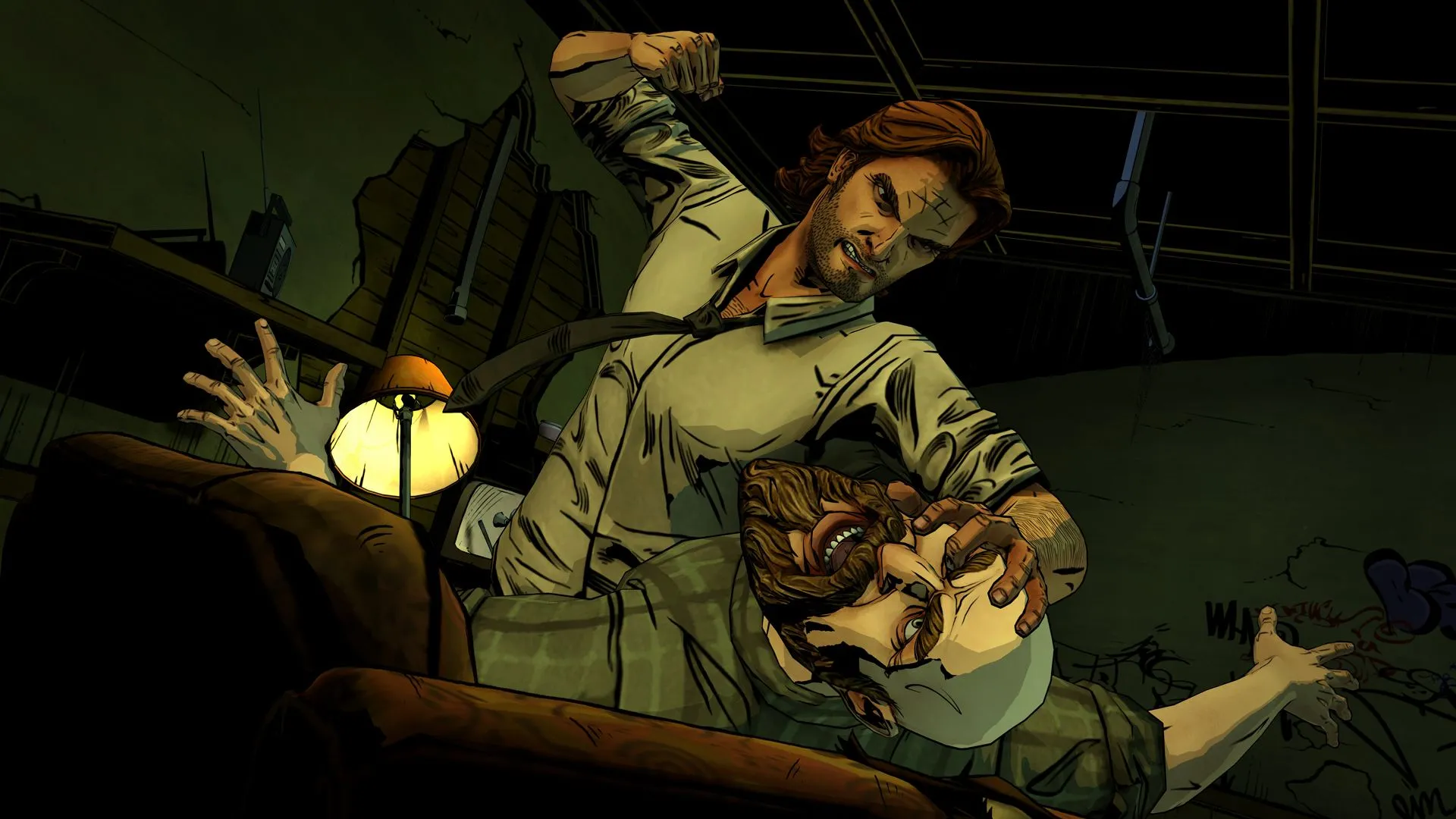 Nhân vật Bigby trong game The Wolf Among Us thể hiện phong cách truyện tranh chuyển thể với kỹ thuật đổ bóng cel-shading tinh tế.