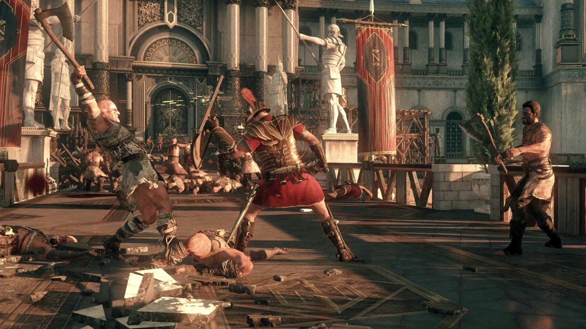Nhân vật người chơi đỡ đòn tấn công trong Ryse Son of Rome.