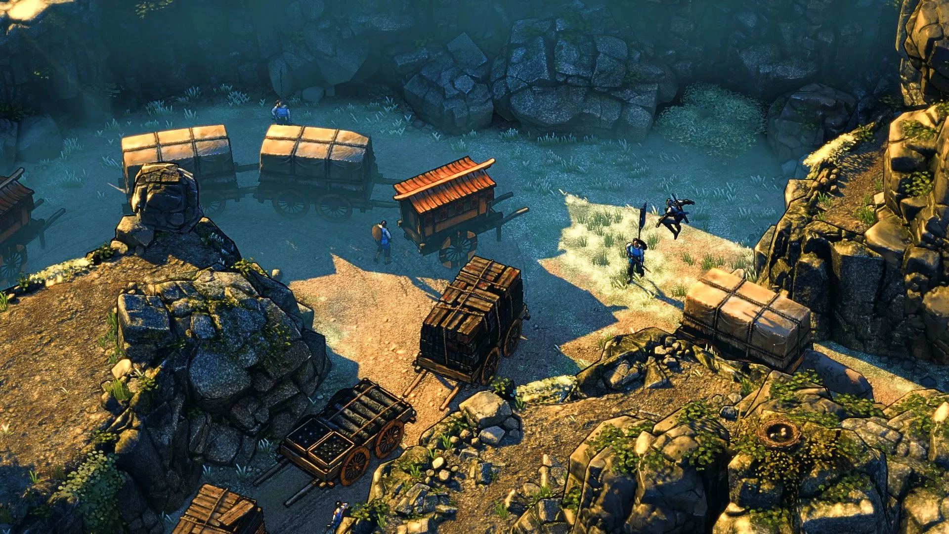 Nhân vật trong Shadow Tactics đang tiếp cận kẻ địch trên mái nhà tại Nhật Bản cổ.