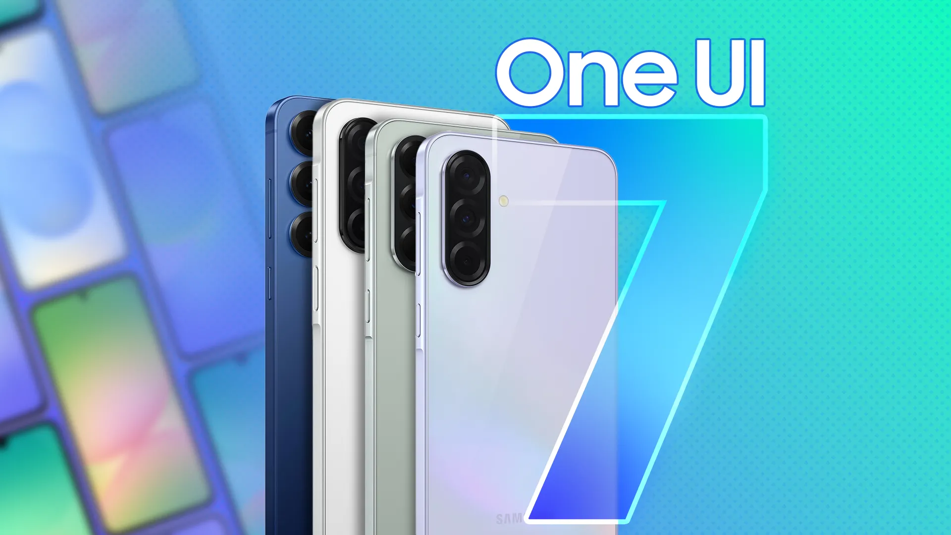 Nhiều điện thoại Samsung hiển thị giao diện One UI 7, cạnh bên là biểu tượng và chữ "One UI 7", minh họa các thiết bị tương thích.