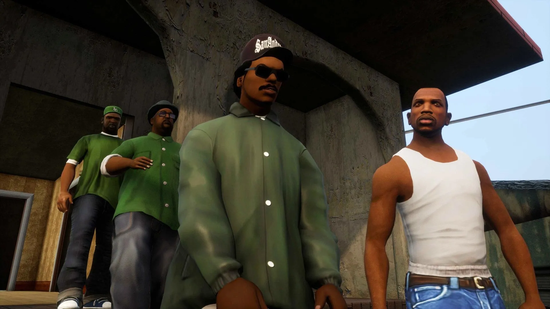 Nhóm nhân vật Grove Street trong Grand Theft Auto: San Andreas Definitive Edition, minh họa chất lượng đồ họa được cải thiện từ studio mới của Rockstar.