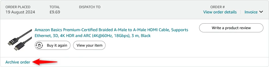 Nút &quot;Archive Order&quot; để ẩn đơn hàng cụ thể trong lịch sử mua sắm Amazon.