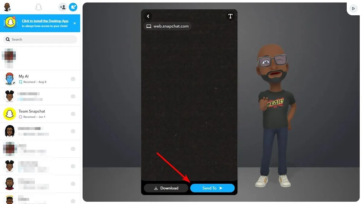 Nút &quot;Gửi tới&quot; trên giao diện Snapchat Web để chia sẻ Snap.